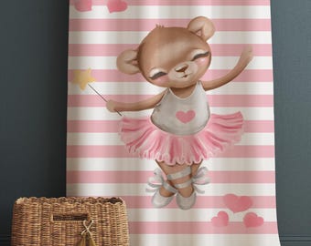 Cute Pink Girl Ballerina Bear Nursery Curtains – Custom Kids Room Drapes & Cute Bedroom Window Treatment Decor with Gift Pillow Covers