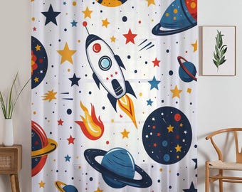 Space Galaxy Planet Stars Sheer Curtain for Kids Room, Lightweight Spaceship Rocket Nursery Net Voile, Kids Room Window Drapes