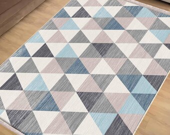 Blue Gray Triangle Geometric Rug Runner, Modern Nordic Anti-Slip Carpet with Pillowcase Gift, Unique Accent Floor Mat, Chenille Washable Rug