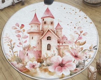 Medieval Castle Nursery Rug Round Floral Kids Girl Room Decor Baby Shower Gift with Pillowcase