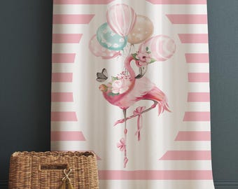 Cute Pink Flamingo Animal Girl Nursery Curtains – Custom Kids Room Drapes & Cute Bedroom Window Treatment Decor with Gift Pillow Covers