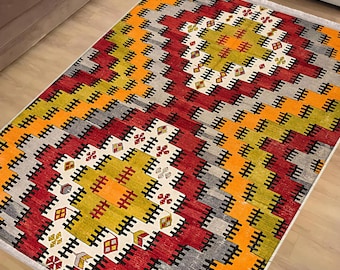 Yellow Red Southwest Boho Area Rug|Ethnic Print Turkish Rug|Vintage Carpet|Washable Living Room Rug|Ottoman Court Carpet|Traditional Decor