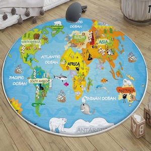 Round Earth World Map Kids Room Rug with Animals & Pillowcase, Educational Nursery Decor, Baby Gift, Soft Play Mat for Toddlers