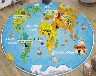 Round Earth World Map Kids Room Rug with Animals & Pillowcase, Educational Nursery Decor, Baby Gift, Soft Play Mat for Toddlers