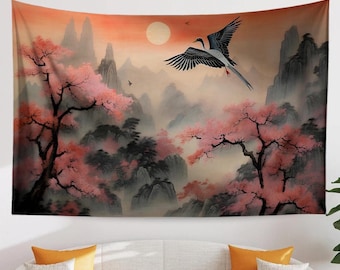 Japanese Art Landscape Tapestry, Sunset Mountain Forest Nature Wall Hanging for Living Room Decor, Asian-Inspired Wall Art, Cozy Home Accent