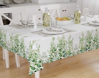 Green White Eucalyptus ivy Floral Flowers Botanical Tablecloth, Modern Dining Accent Table Cover, Modern Kitchen Home Decor