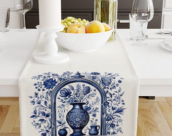 Table Runner Blue Vintage Vase Floral Turkish Ottoman Pattern, Ethnic Retro Farmhouse Decor, Traditional Textile Accent, Farmhouse Decor