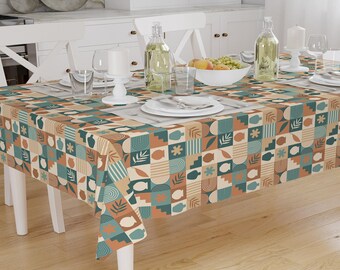 Bohemian Tablecloth Green Brown Geometric Pattern Retro Minimalist Modern Dining Room Accent Cover, Rectangle tablecloth, Housewarming gift