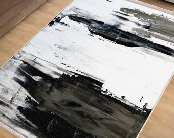 Black White Abstract Modern Area Rug Runner, Geometric Accent Carpet, Anti-Slip Mat with Pillowcase Gift, Chenille Washable Rug