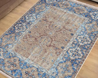 Blue Brown Anatolian Kilim Area Rug|Ethnic Print Turkish Rug|Vintage Carpet|Washable Living Room Rug|Ottoman Court Carpet|Traditional Decor