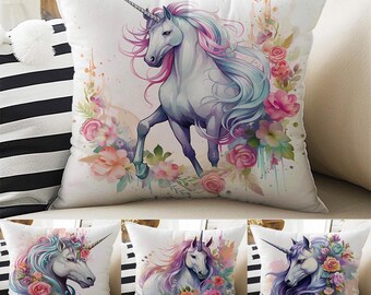 Roses Flowers Unicorn Horse Both Side Printed Pillow Cases, Cozy Cottagecore Accent Pillow, Unicorn Spun Pillow Cushion, Housewarming Gift