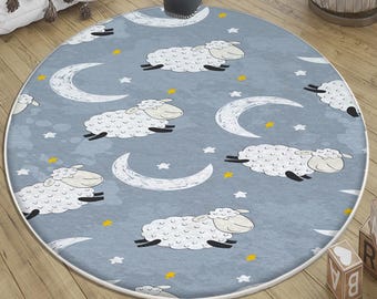Round Blue Lamb Moon Star Nursery Rug with Pillowcase Gift, Baby Playroom Decor, Soft Kids Room Carpet Baby Shower Gift