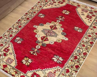 Red Anatolian Classic Area Rug|Ethnic Print Turkish Rug|Vintage Carpet|Washable Living Room Rug|Ottoman Court Carpet|Traditional Decor