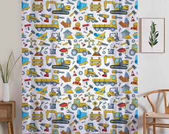 Construction Machines  Sheer Curtain for Kids Room, Lightweight Work Vehicles Truck Bulldozer Nursery Net Voile, Baby Room Window Drapes,