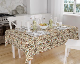 Ethnic Authentic Retro Ottoman Turkish Kilim Tradional Figures Border Cream Background Pattern Tablecloth, Modern Dining Accent Table Cover