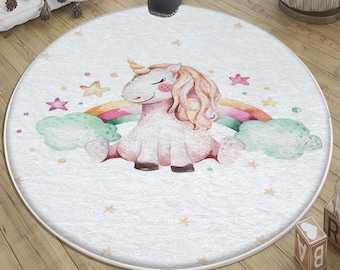 Round Unicorn Rainbow Rug for Kids Room Nursery Decor with Pillowcase Gift – Soft Cozy Play Mat for Girls Bedroom