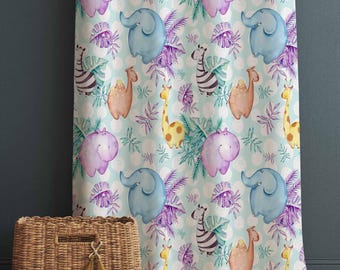 Nursery Curtains with Elephant Hippo Zebra Giraffe Animals – Custom Kids Room Drapes & Cute Bedroom Window Decor with Gift Pillow Covers
