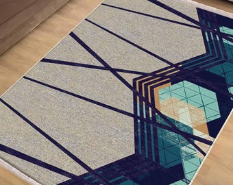 Gray Green Modern Area Rug Runner, Geometric Anti-Slip Abstract Carpet with Pillow Case Gift, Unique Accent Room Mat, Chenille Washable Rug
