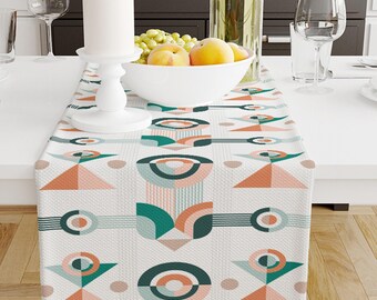Table Runner Green Orange Geometric Pattern, Minimal Farmhouse Decor, Traditional Textile Accent for Dining Home, Farmhouse Decor