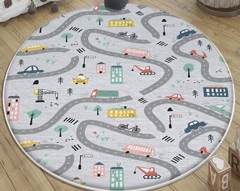 Play Mat for Kids - Round City Road Nursery Rug with Traffic Print, Anti-Slip Toddler Rug & Washable Playroom Carpet + Pillowcase Gift