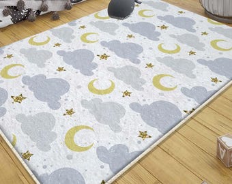 Blue Clouds Moon Stars Nursery Rug with Pillowcase Gift, Cute Kids Room Decor, Baby & Toddler Room Carpet, Ideal Nursery Gift Ideas