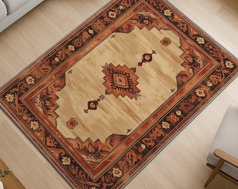 Bohemian Geometric Medallion Rug - Washable Chenille Carpet with Oriental Border - Vintage Non-Slip Area Rug for Living Room or Bedroom