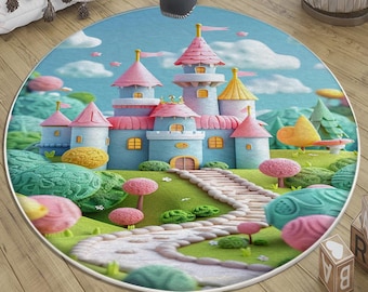 Round Candy Princess Castle Kids Room Rug with Pillowcase Gift, Cute Nursery & Baby Play Mat, Playground Decor for Girls