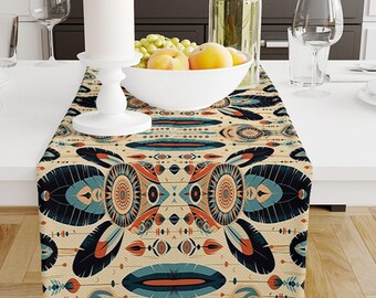 Table Runner Colorful Aztec Ethnic Pattern, Retro Farmhouse Decor, Traditional Textile Accent for Dining & Home, Farmhouse Decor
