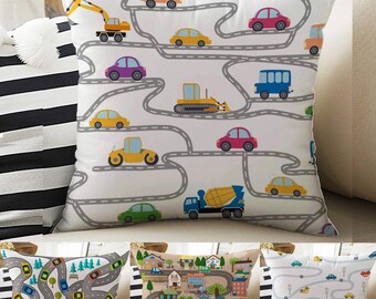 Kids Room Decor Car Play Road City Pillow Covers, Bold Nursery Cushion & Decorative Children Throw Pillowcases for Playroom