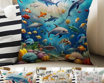 Cute Animals Pillow Covers for Kids Room Decor, Bold Nursery Cushion Covers, Decorative Animal Throw Pillowcases for Playroom