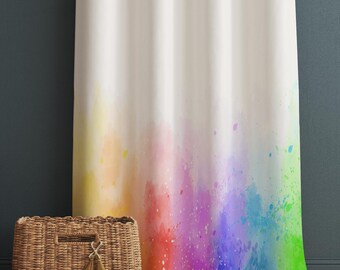 Rainbow Nursery Curtains for Girls Kids, Custom Size Window Drapes & Matching Gift Pillow Case, Colorful Watercolor Kids Room Decor