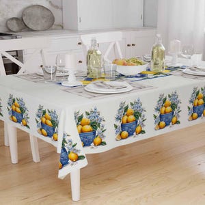 Summer Floral Tablecloth with Blue Vase  Yellow Lemons Pattern - Modern Dining Accent Cover for Kitchen & Outdoor Use - Lemon Tablecloth