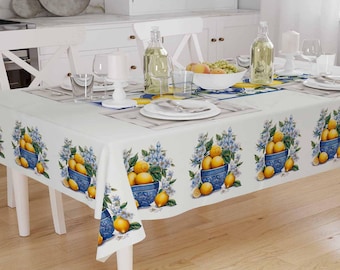 Summer Floral Tablecloth with Blue Vase  Yellow Lemons Pattern - Modern Dining Accent Cover for Kitchen & Outdoor Use - Lemon Tablecloth