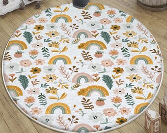 Round Colorful Rainbow Floral Nursery Rug with Pillow Case Gift – Cute Boho Kids Room & Playground Decor