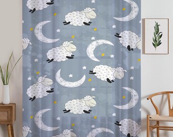 Sheer Moon Star Curtain for Kids Room – Gray White Sheep Nursery Net Voile, Lightweight & Machine Washable with Matching Accessories