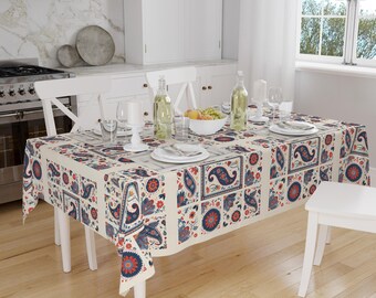 Ethnic Authentic Retro Ottoman Turkish Kilim Tradional Figures Border White Background Pattern Tablecloth, Modern Dining Accent Table Cover