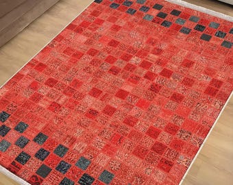 Orange Retro Kilim Rug Runner, Turkish Anti-Slip Boho Accent Carpet with Patchwork Design & Pillowcase Gift, Chenille Washable Rug