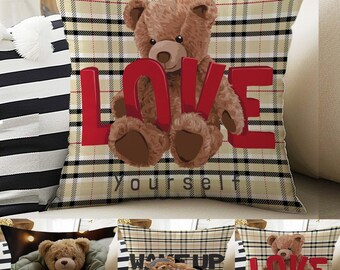 Kids Room Decor Cute Bear Animal Pillow Covers, Bold Nursery Cushion & Decorative Children Throw Pillowcases for Playroom