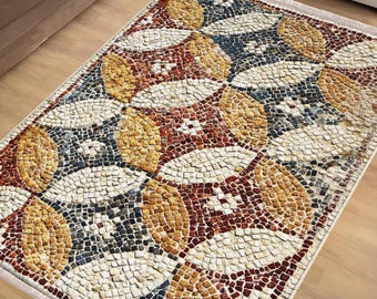 Colorful Mosaic Anatolian Area Rug|Ethnic Print Turkish Rug|Vintage Carpet|Washable Living Room Rug|Ottoman Court Carpet|Traditional Decor