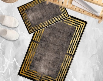 Brown Golden Lines Bathroom Rug Non Slip Quick Dry Bath Mat - Geometric Toilet Mat, Soft Washable Modern Decor
