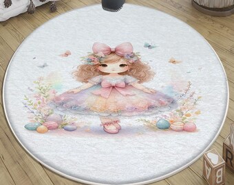 Princess Floral Nursery Rug for Girls, Round Baby Shower Gift Rug with Pillowcase, Cute Kids Room Decor, Baby Gift, Toddler Play Mat