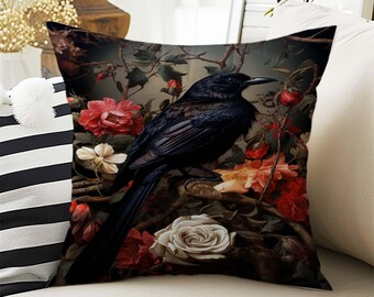 Dark Academia Pillow Cover, Gothic Raven Cushion, Goth Crow Decorative Throw Pillowcase, Moody Home Decor Accent