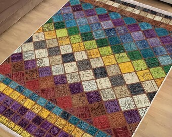 Colorful Retro Kilim Area Rug Runner, Boho Patchwork Carpet, Turkish Ethnic Anti-Slip Runner, Unique Room Accent Mat, Chenille Washable Rug