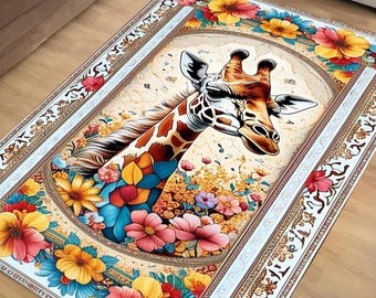 Giraffe Rug for Kids Room – Colorful Jungle Animal Decor, Washable Non-Slip Floor & Kitchen Rug, Tropical Safari Style