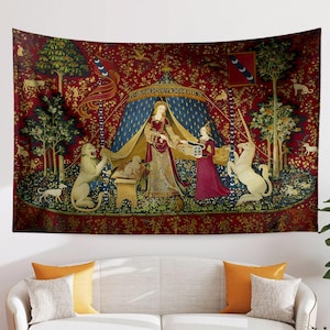 Medieval Tapestry Fabric Wall Art, The Lady and The Unicorn Desire Woven Hanging, Historic Middle Ages Decor, Vintage Style Antique Tapestry