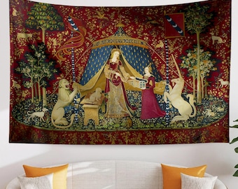 Medieval Tapestry Wall Art - The Lady and The Unicorn Desire Woven Hanging, Historic Middle Ages Decor, Vintage Style Antique Tapestry