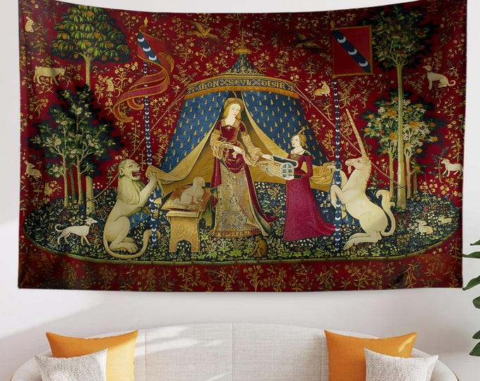Featured listing image: Medieval Tapestry Wall Art - The Lady and The Unicorn Desire Woven Hanging, Historic Middle Ages Decor, Vintage Style Antique Tapestry