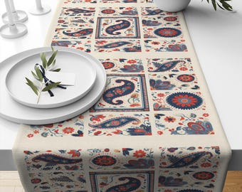 Table Runner Vintage Turkish Ottoman Kilim with Ethnic Figures – Retro Dining Room Decor Textile Accent Home Decoration, Farmhouse Decor