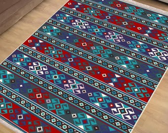 Red Green Anatolian Classic Area Rug|Ethnic Print Turkish Rug|Vintage Carpet|Washable Living Room Rug|Ottoman Court Carpet|Traditional Decor