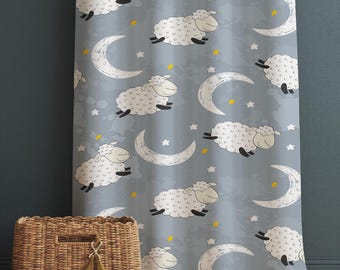 Kids Nursery Curtains with Gray White Moon Stars Sheep Lamb Design & Gift Pillowcase, Custom Sizes, Cozy Child Room Decor